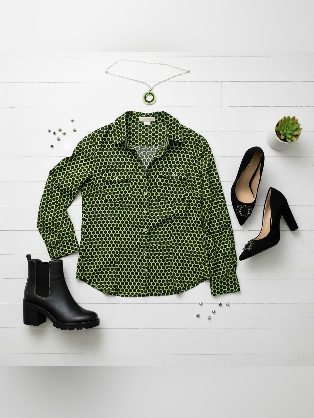 Michael Kors Neon Green & Black Polka Dot Blouse 1X